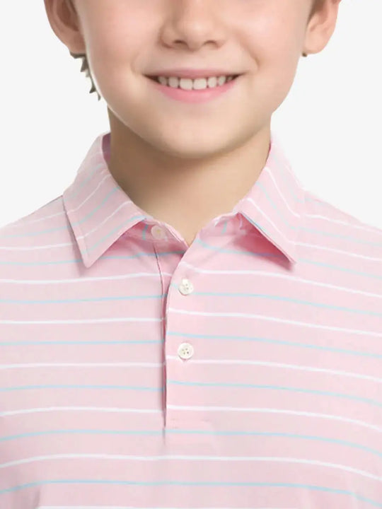 Front half-body view from nose to chest of child wearing LIGHT PINK STRIPE Kids Stylish Stripe Polo Shirt.