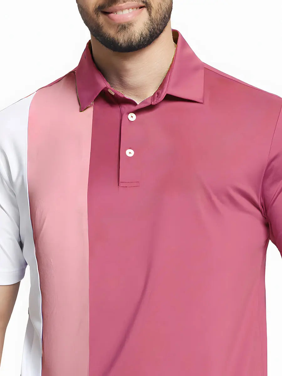 Front half-body view from nose to chest of model wearing CRANBERRY Moisture Wicking Color Block Polo Shirt.