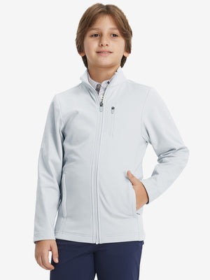 Model wearing kids soft lightweight fleece lined jacket in misty grey, showcasing front half-body view.
