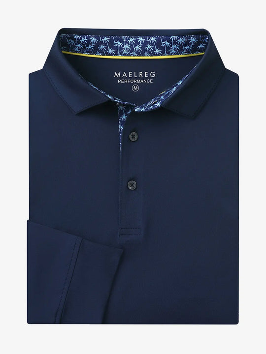Folded view of NAVY Long Sleeve Solid Jersey Polo showing fabric texture and neat folds