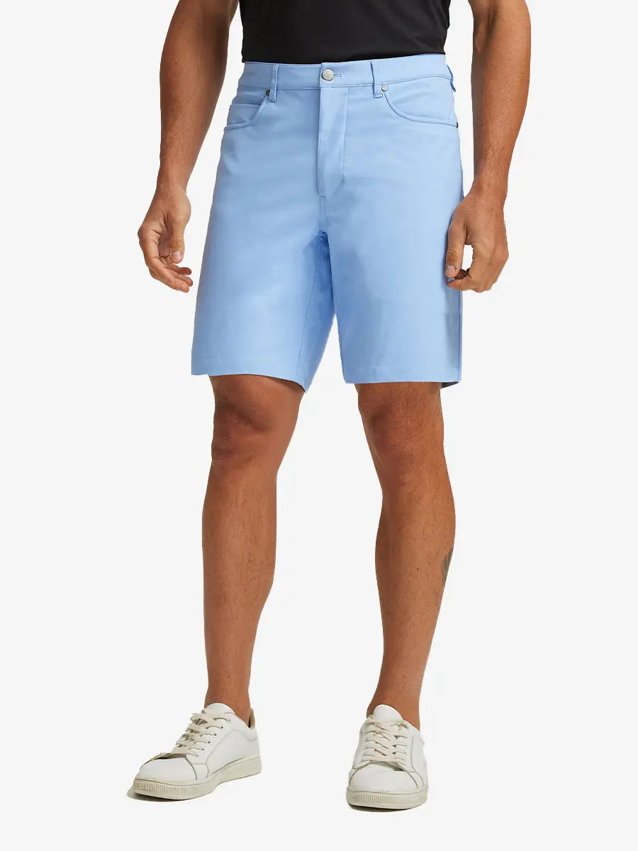 LIGHT BLUE 4-way Stretch Performance Solid Shorts, golfer front lower body with club, 9 Inch view