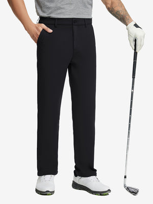 BLACK Water-Resistant Fleece Lined Pants, male model front lower body holding golf club in right hand