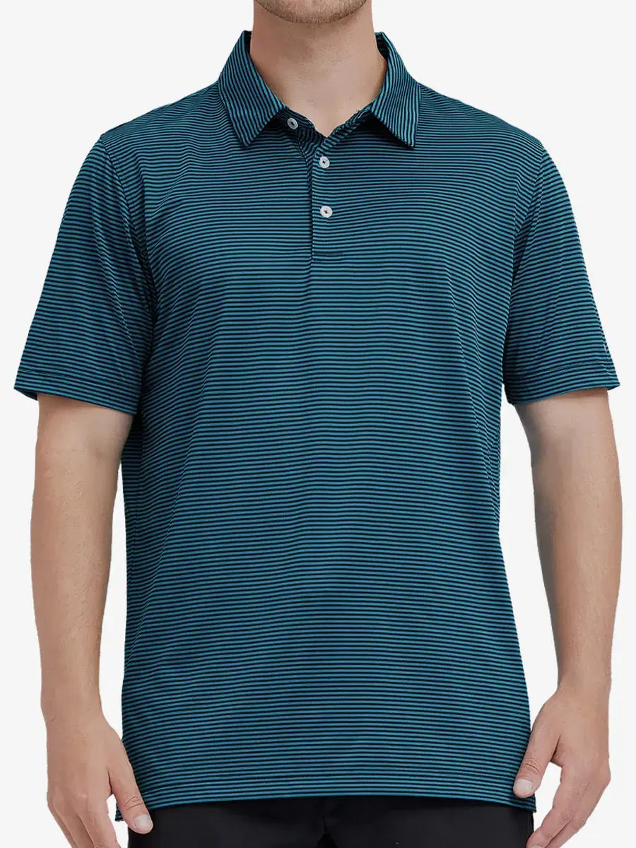 Model wearing Cooling Stripe Golf Shirt in TURQUOISE STRIPE, half-body front view with relaxed pose