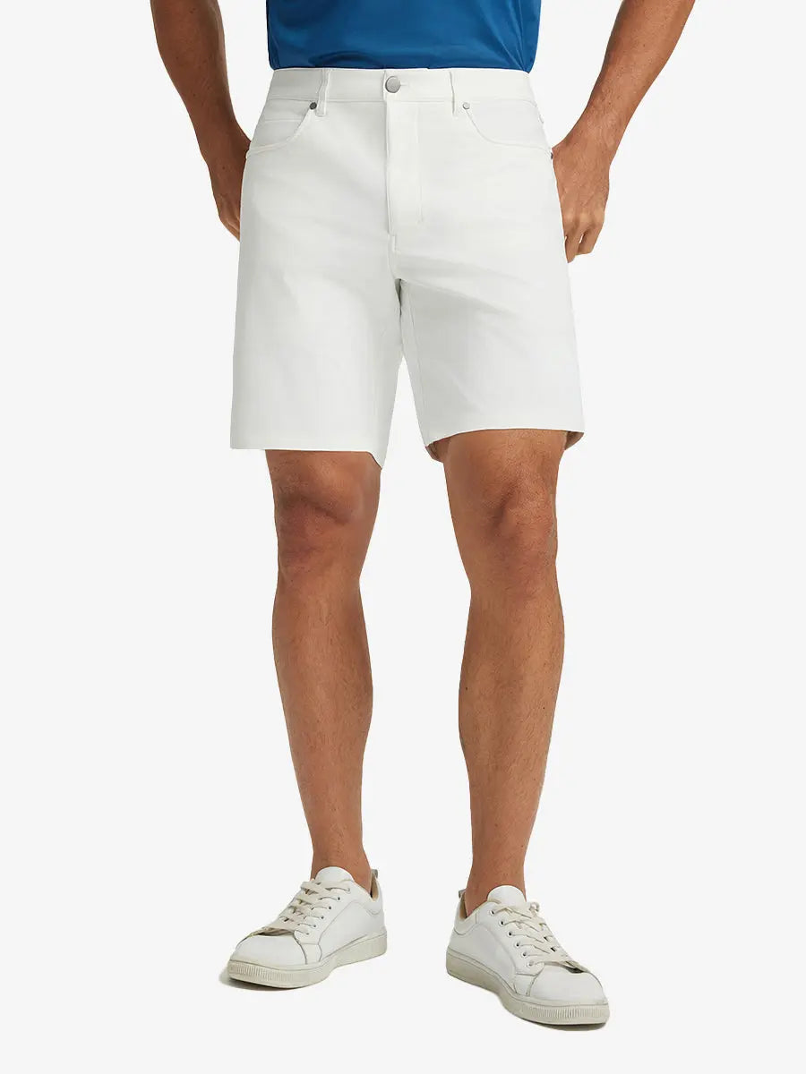 WHITE 4-way Stretch Performance Solid Shorts, golfer front lower body with club, 9 Inch view