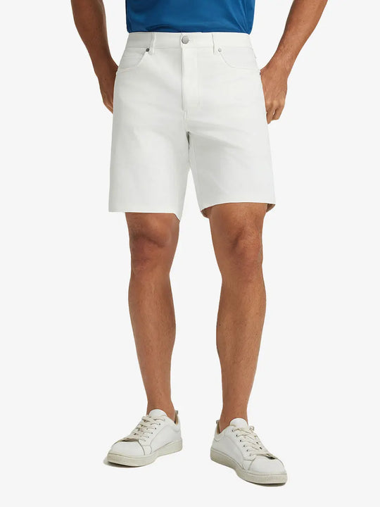 WHITE 4-way Stretch Performance Solid Shorts, golfer front lower body with club, 9 Inch view