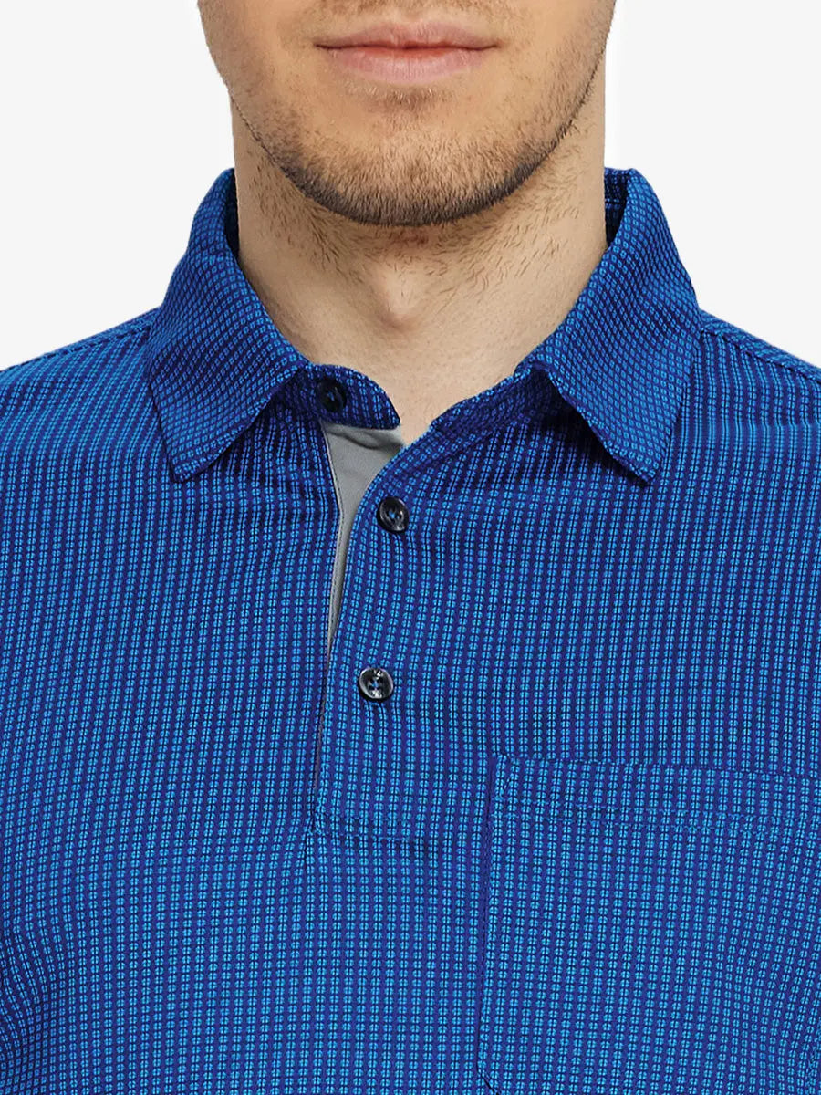 Model front view from nose to chest in COBALT Elegant Performance Jacquard Polo