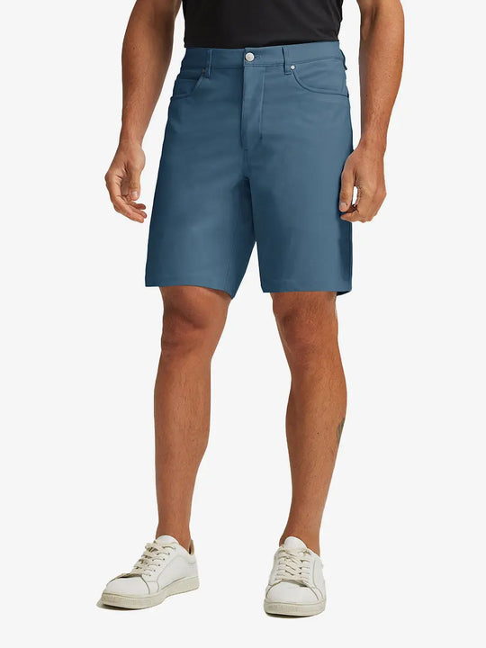 GRAYISH BLUE 4-way Stretch Performance Solid Shorts, golfer front lower body with club, 9 Inch view