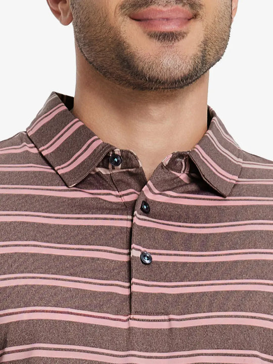 Front half-body view from nose to chest of model wearing WINE RED STRIPE Performance Yarn Dye Striped Polo