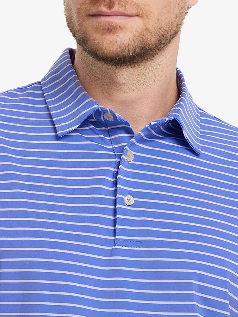 Front chest close-up of BLUISH BLUE/WHITE STRIPE Polo showing fresh yarn-dyed stripes