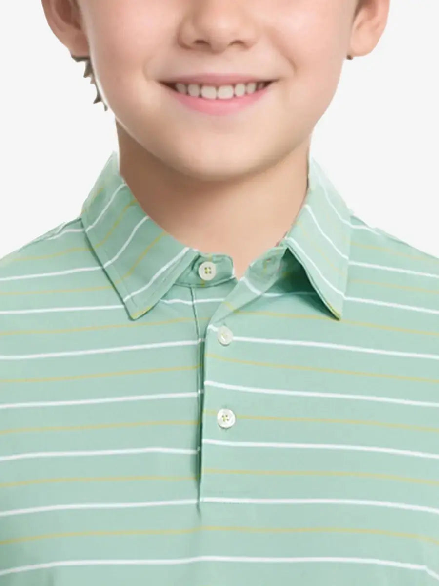 Front half-body view from nose to chest of child wearing LIGHT GREEN STRIPE Kids Stylish Stripe Polo Shirt.