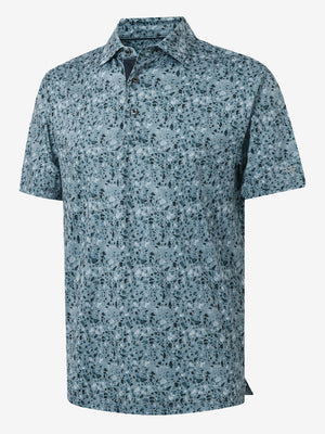 Front 3D view of Performance quick dry print golf polos in camo fragments, clean athletic design