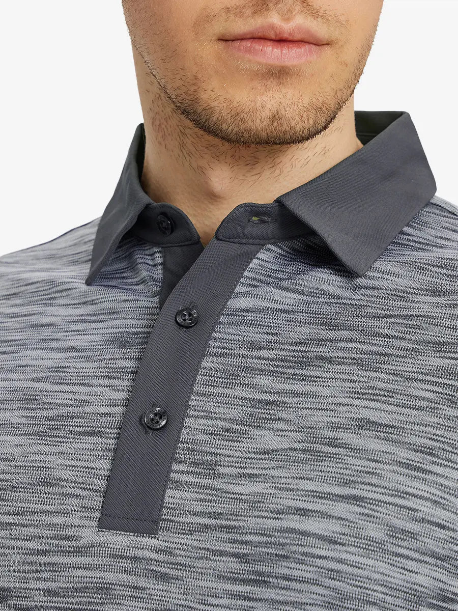 Front view from nose to chest in DARK GREYBLACK HEATHER Cool Heather Texture Polo