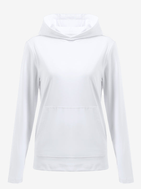 3D front view of women's lightweight hoodies pullover in white, showing clean and sporty look.