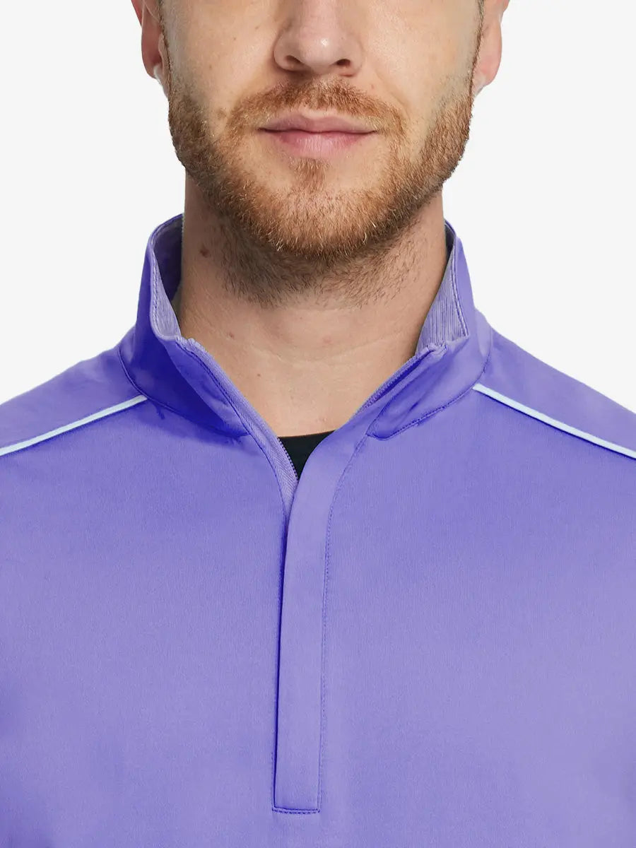Front half-body view from nose down of model wearing LAVENDER Stretch Solid Fleece Quarter-Zip Vest.								
