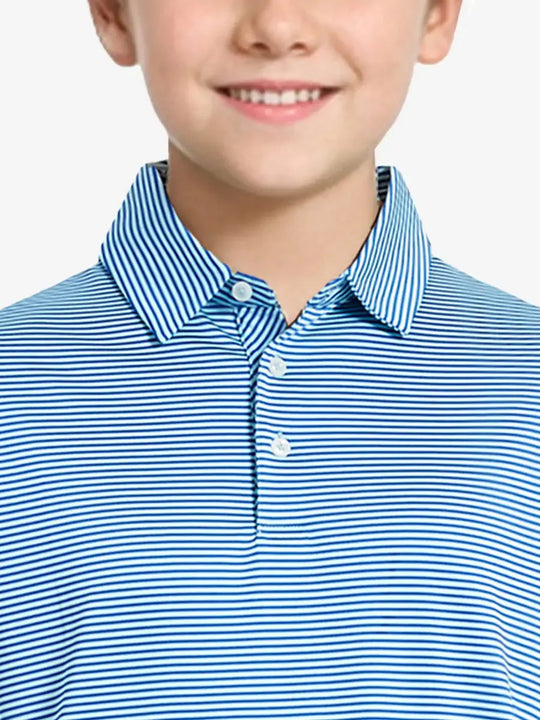 MAELREG Youth Cooling Polo – front upper-body close-up in Aqua Stripe