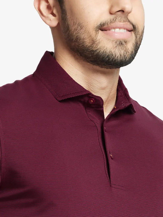 RED STRIPE STRIPE Pinstripe Jersey Performance Polo front view from nose to chest								
