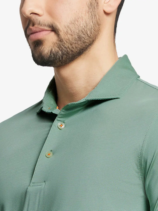 YELLOW STRIPE Pinstripe Jersey Performance Polo front view from nose to chest								
