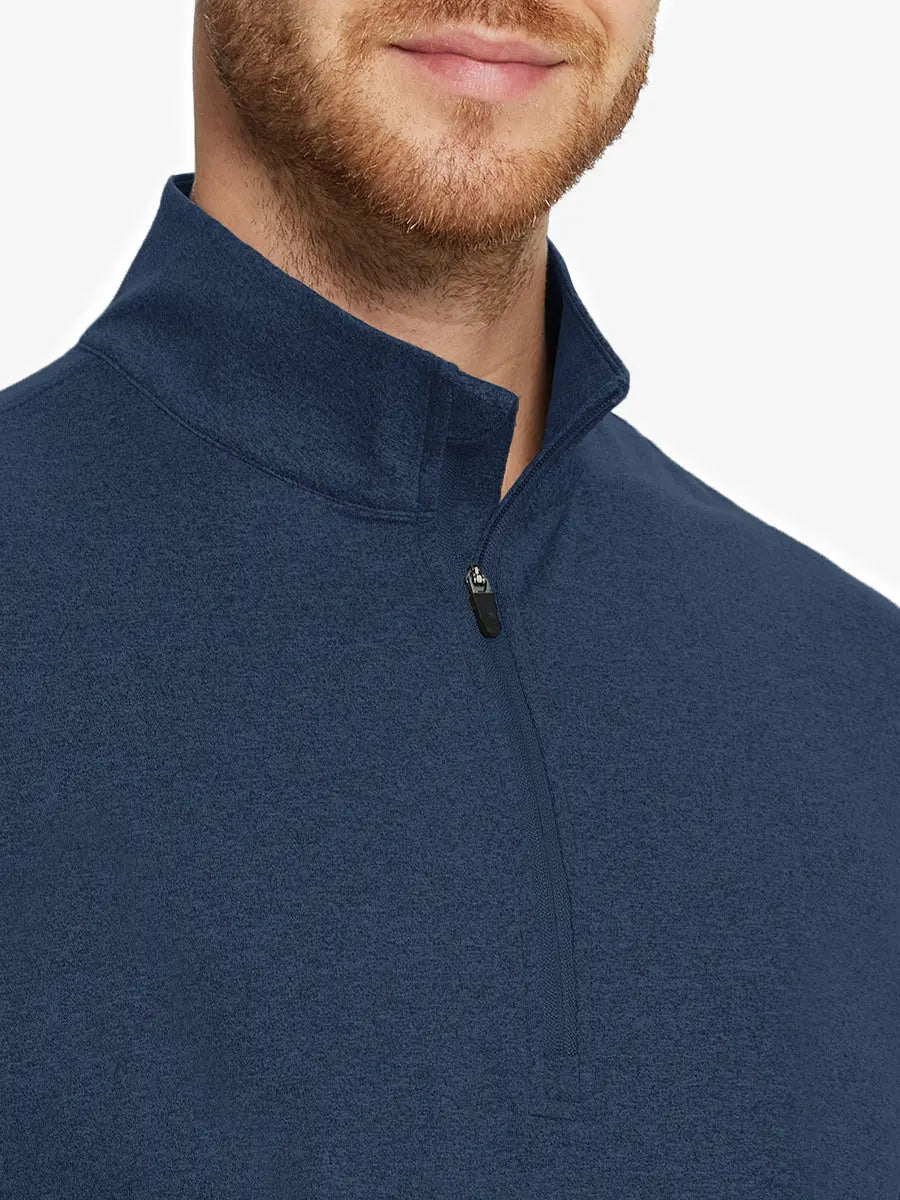 Front close-up from nose to chest, COBALT HEATHER Quarter Zip Melange Pullover with soft textured fabric.