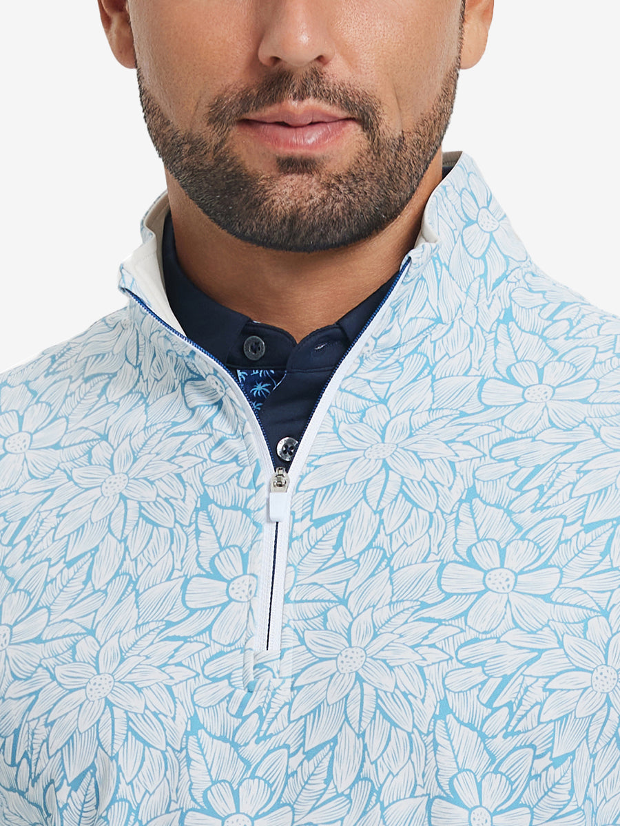 Close-up from nose to chest, showing zipper collar detail and fabric pattern of the blue artichoke pullover.