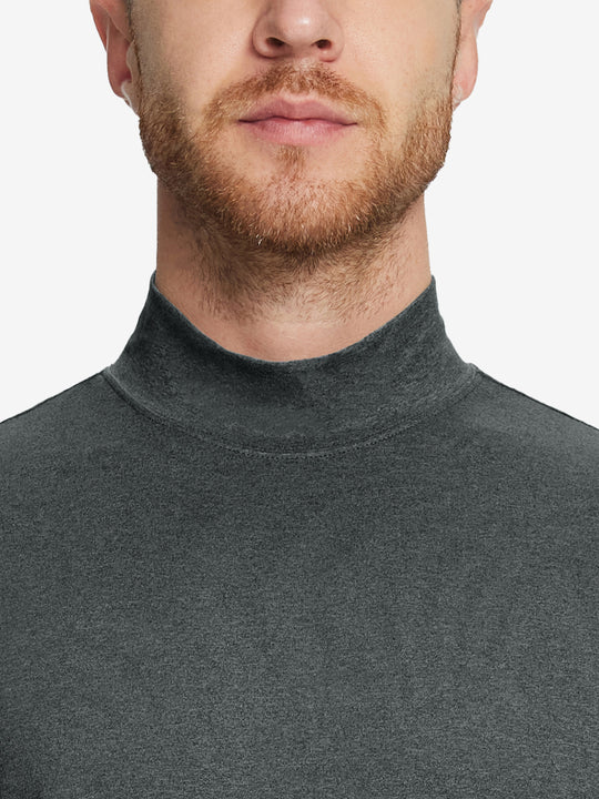 Close-up collar view from nose to chest, showing fine fabric texture of the Dark Grey Heather turtleneck.
