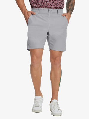 Front lower-body view of model wearing LIGHT GREY Water Resistant Versatile 8 Pockets Shorts.