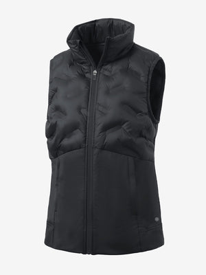 Women's lightweight slim-fit puffer vest in black, front 3D view with clean quilt lines