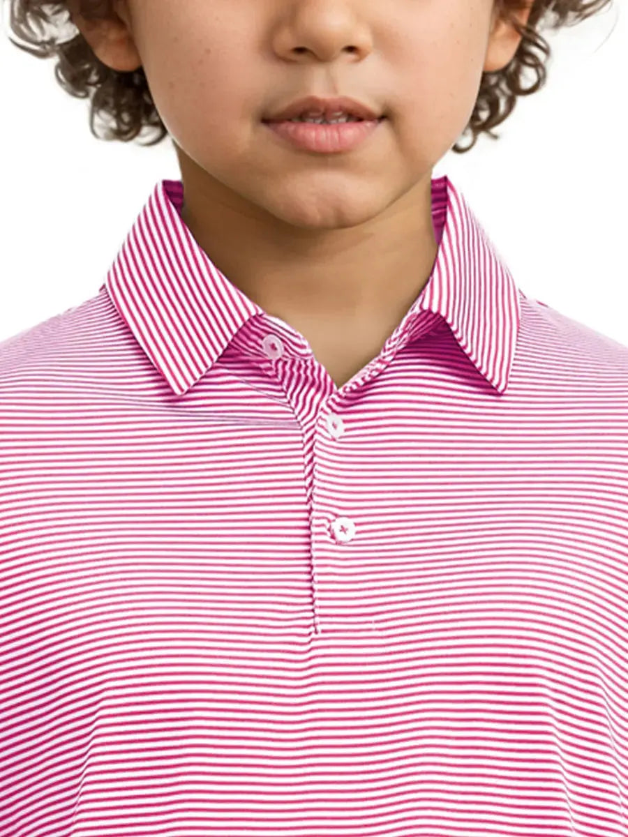 MAELREG Youth Cooling Polo – front upper-body close-up in Rose Stripe