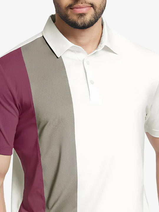 Front half-body view from nose to chest of model wearing CREAM Moisture Wicking Color Block Polo Shirt.