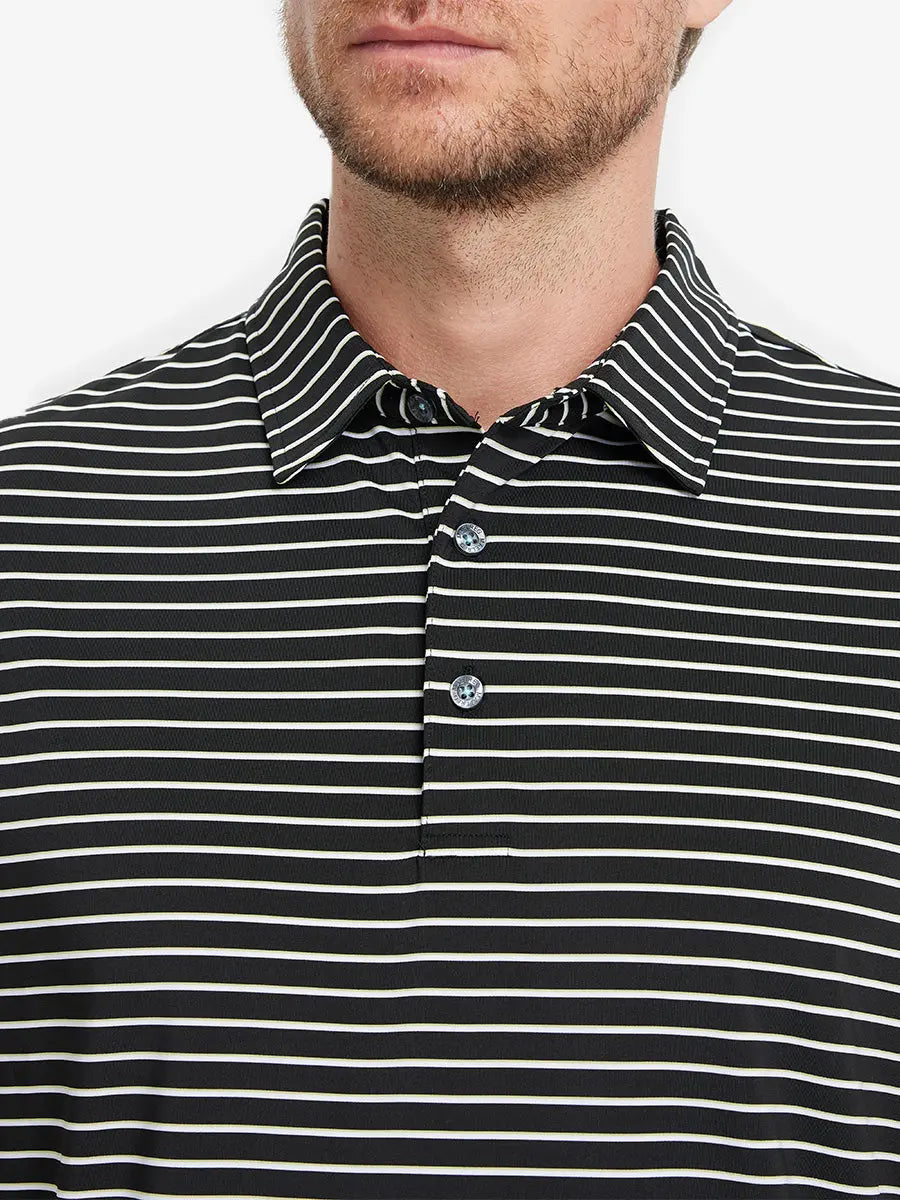 Front chest close-up of BLACK/WHITE STRIPE Polo showing sharp yarn-dyed stripes