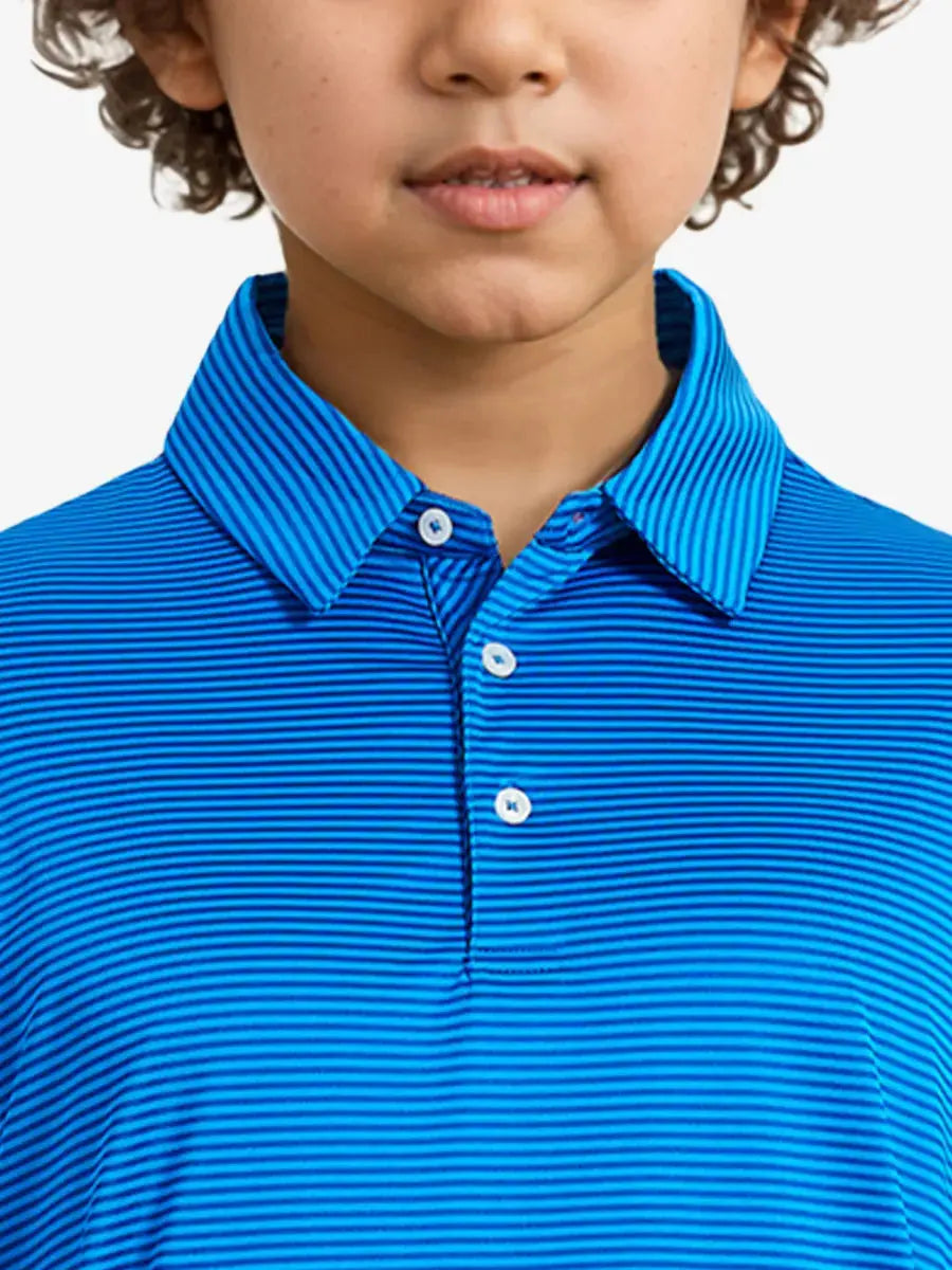 MAELREG Youth Cooling Polo – front upper-body close-up in Cobalt Stripe