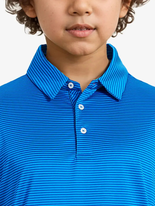 MAELREG Youth Cooling Polo – front upper-body close-up in Cobalt Stripe