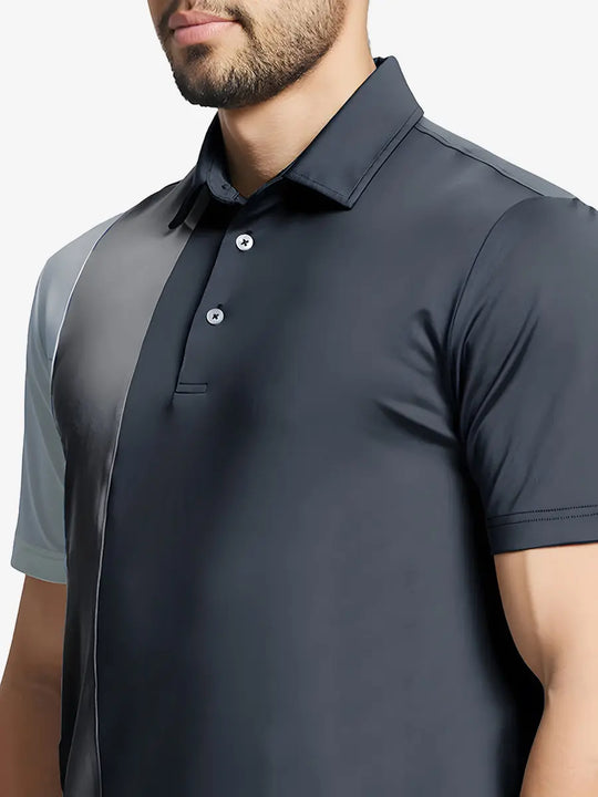 Front half-body view from nose to chest of model wearing DARK GREY Moisture Wicking Color Block Polo Shirt.