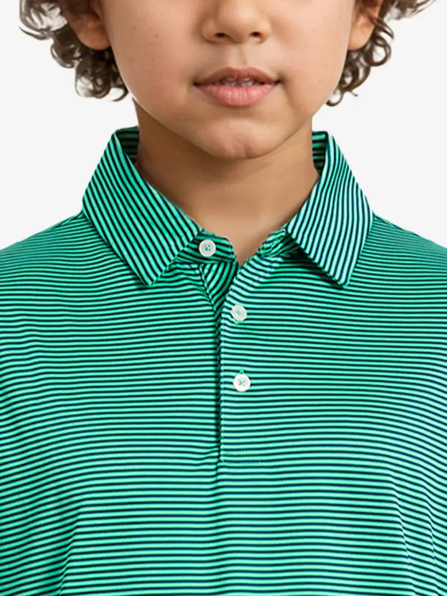 MAELREG Youth Cooling Polo – front upper-body close-up in Green Stripe