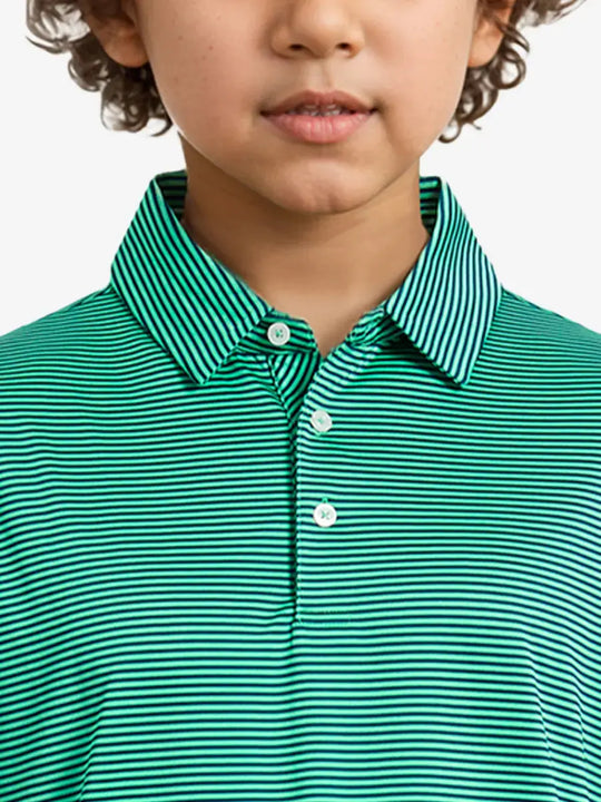 MAELREG Youth Cooling Polo – front upper-body close-up in Green Stripe