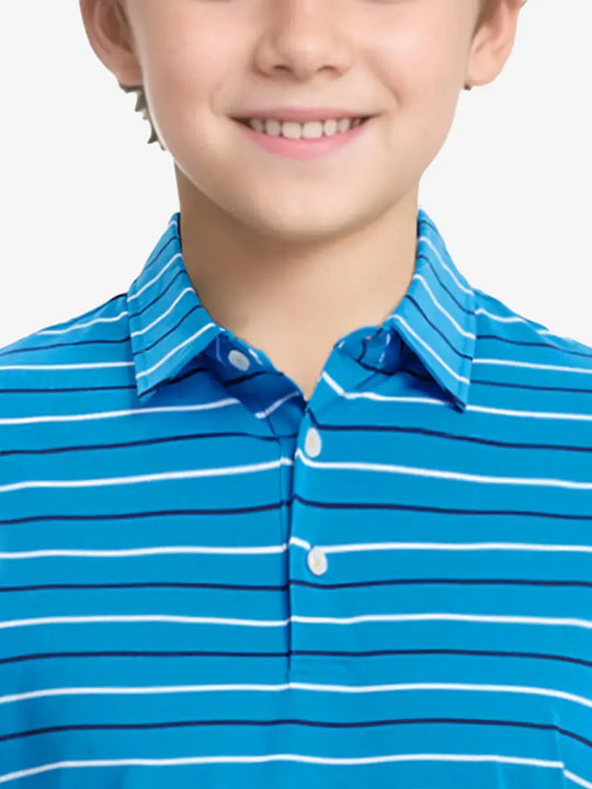Front half-body view from nose to chest of child wearing CLASSIC BLUE STRIPE Kids Stylish Stripe Polo Shirt.