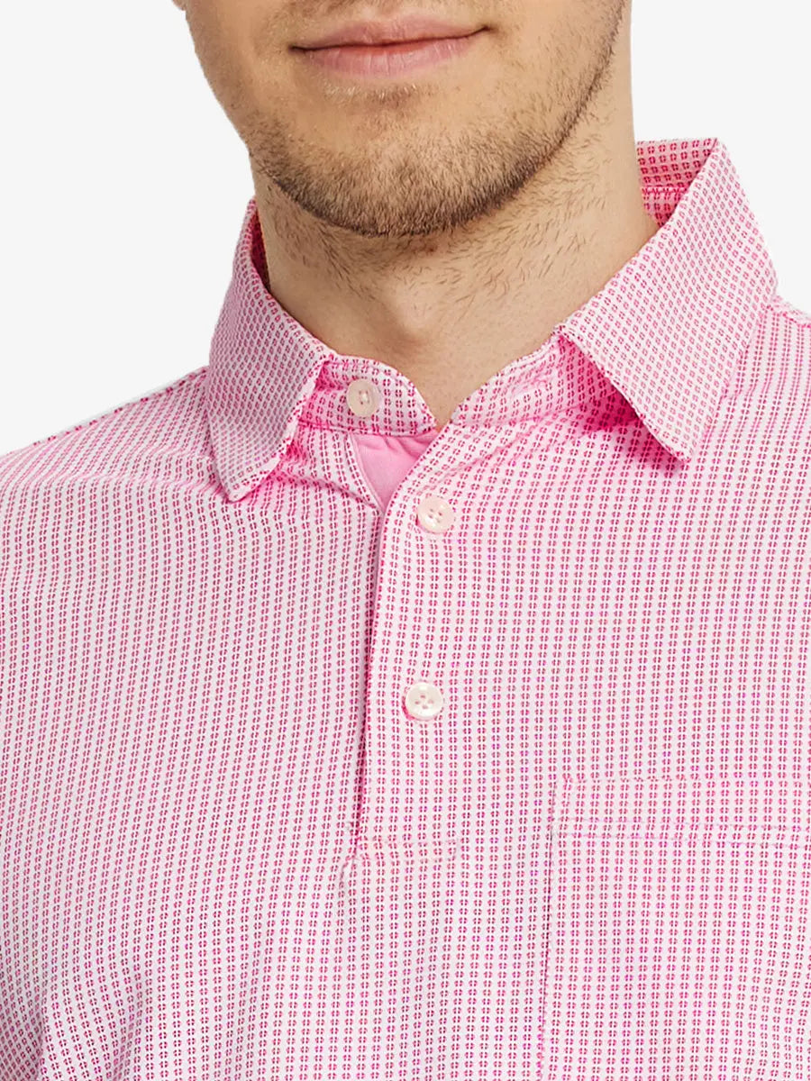 Model front view from nose to chest in ROSE Elegant Performance Jacquard Polo