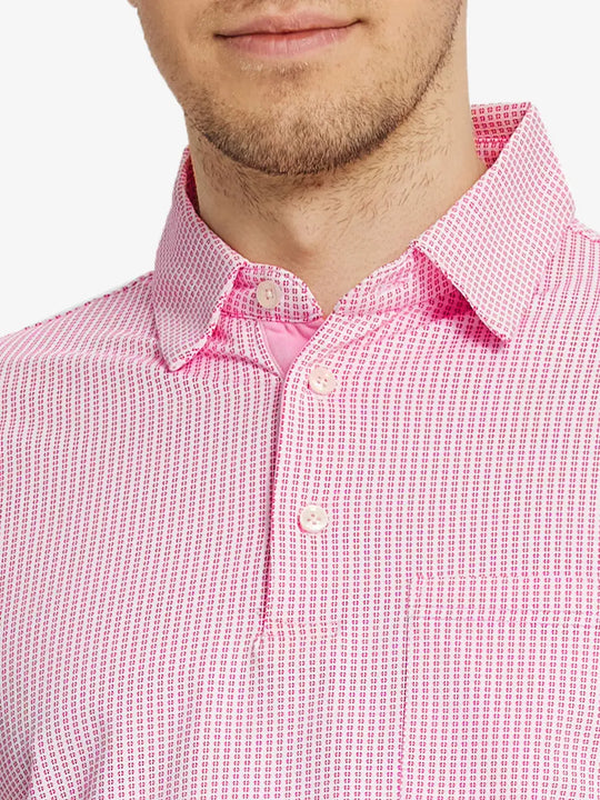 Model front view from nose to chest in ROSE Elegant Performance Jacquard Polo