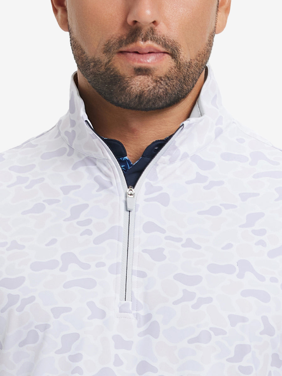 Close-up from nose to chest, showing zipper collar detail and fabric pattern of the brown grey camo pullover.