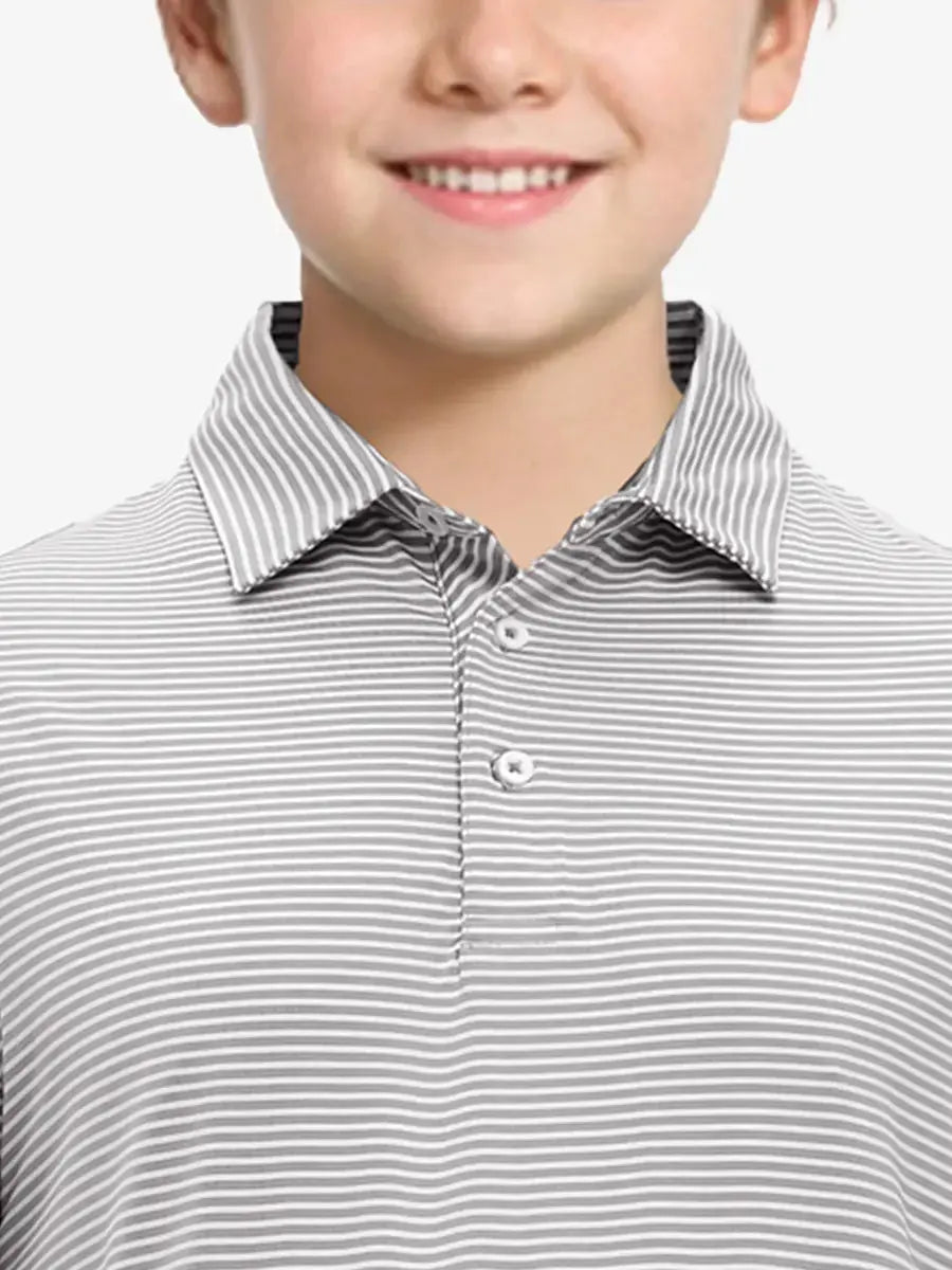 MAELREG Youth Cooling Polo – front upper-body close-up in Grey White Stripe