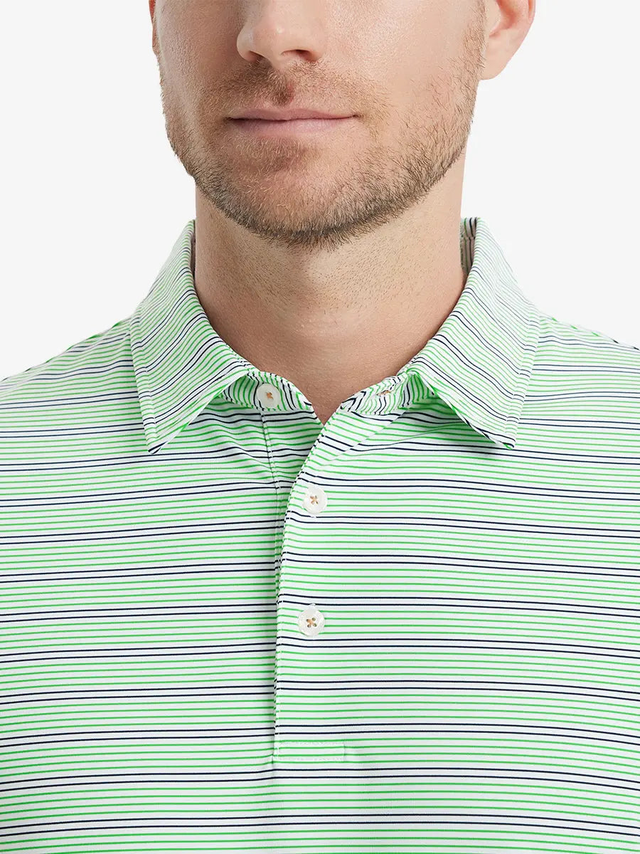 Khaki Neutral Grey Stripe Performance Stripe Golf Shirt – model front close-up from nose to chest