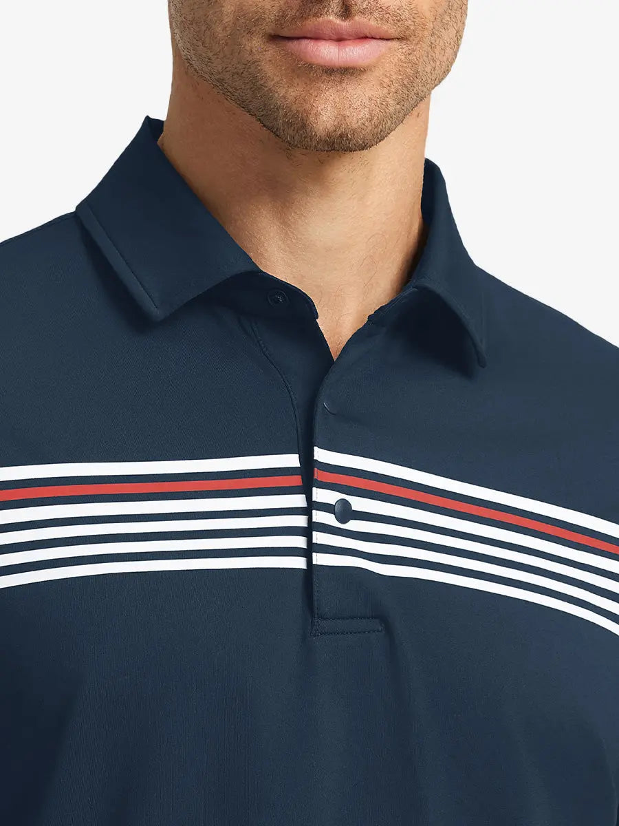 Front half-body view from nose to chest of model wearing NAVY Stylish Chest Print Snap Polo