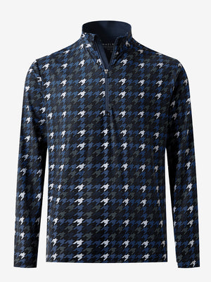 Front 3D view of Full print lightweight quarter zip pullover in blue/black houndstooth with vivid pattern