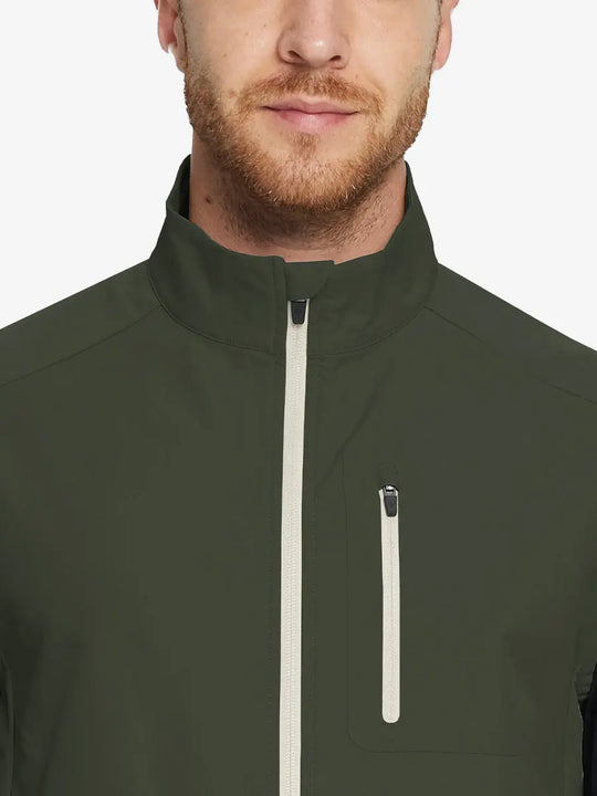 Model wearing the olive green windproof golf vest, showcasing its natural and practical design.