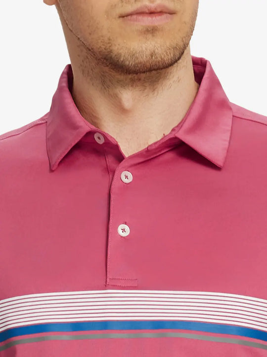 Front chest view of model wearing Chest Print Polo Shirts in CRANBERRY