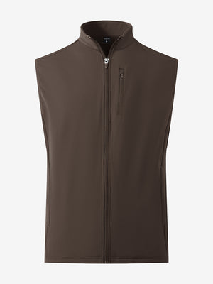 Water-resistant fleece golf vests in coffee brown, front 3D view highlighting clean structure and fabric