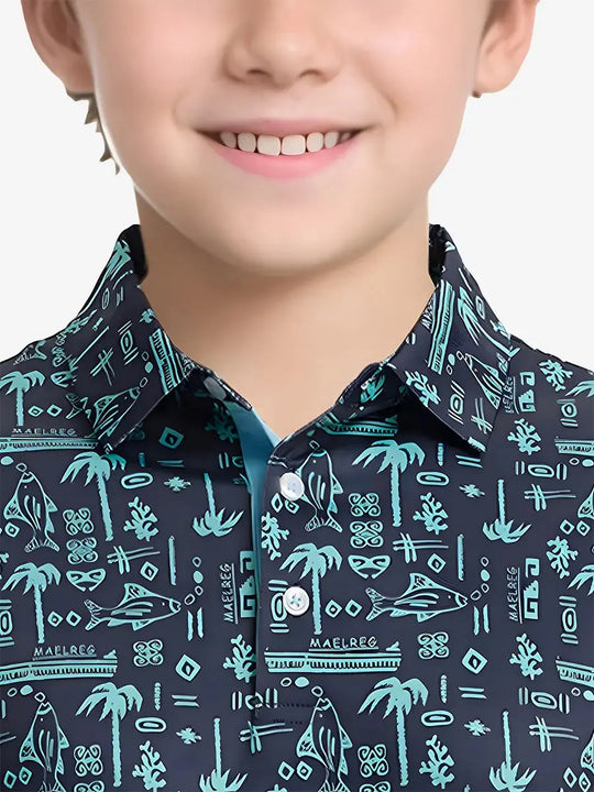 Sharp front view (nose to chest) of NAVY OCEAN BEACH polo with cool seaside tones