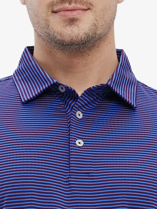 Front view from nose to chest: model in PLUM BLUE STRIPE polo, rich plum and blue stripes for elegant style