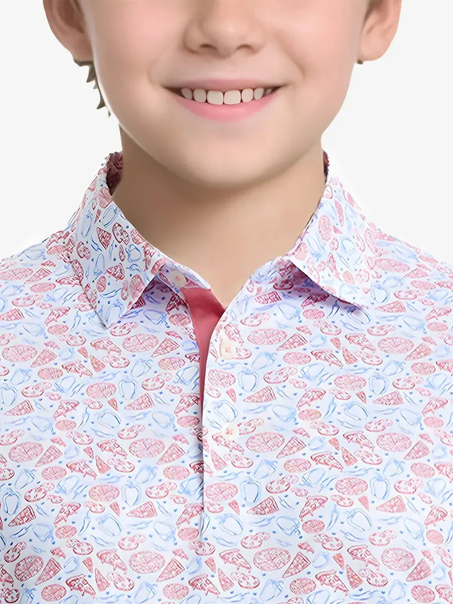 Close-up front view from nose to chest of boy wearing WHITE PIZZA Performance Print Boys Golf Polo
