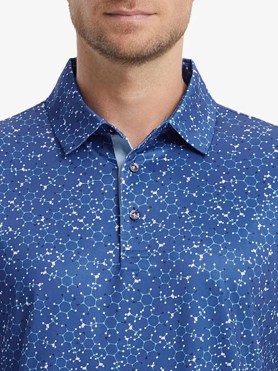 MAELREG Men's Performance Jersey Print Polo – Front chest view in Blue Molecular Structure
