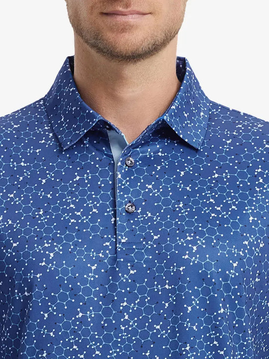 MAELREG Men's Performance Jersey Print Polo – Front chest view in Blue Molecular Structure
